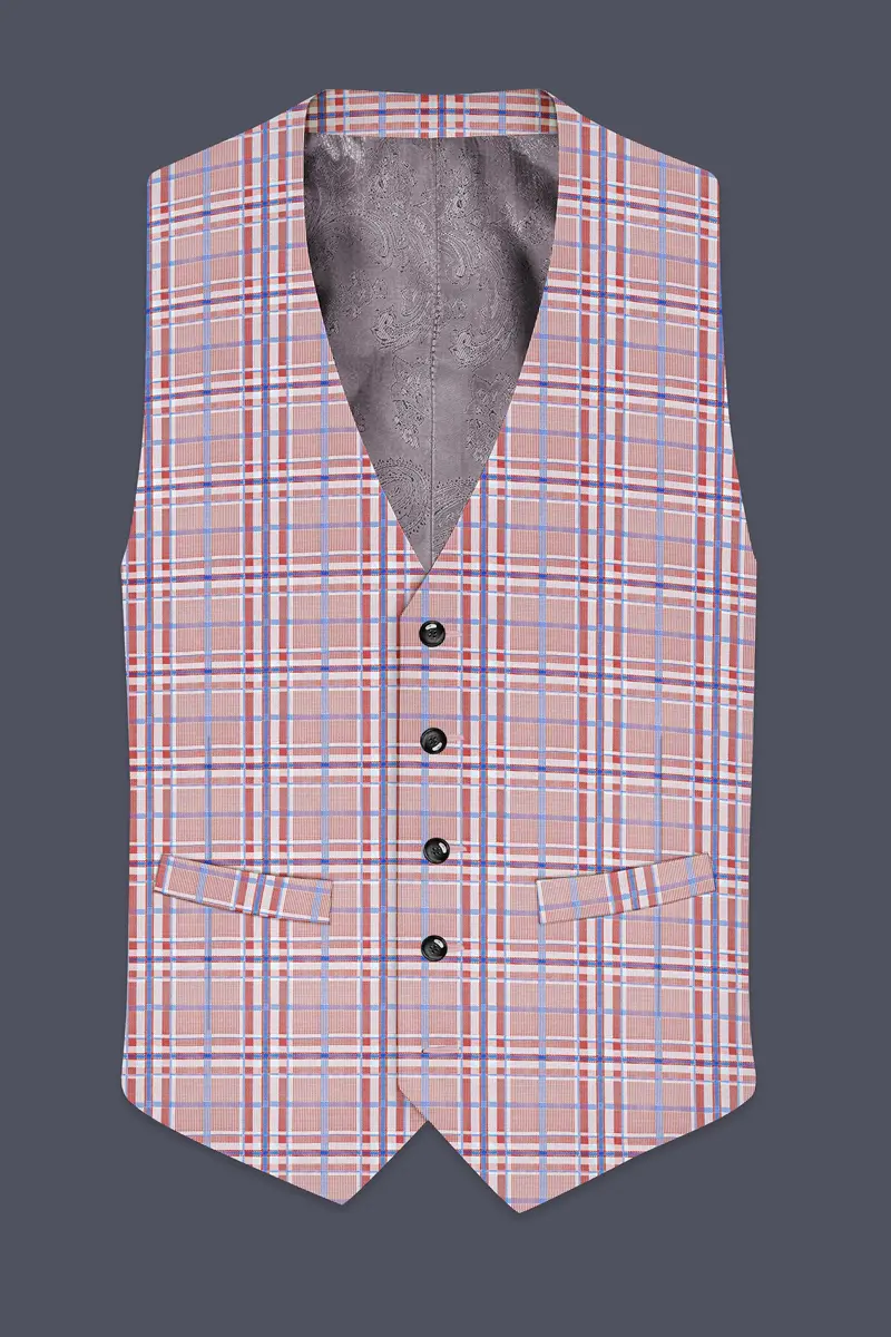 Velour-Turkish Rose Pink And Wild Blue Plaid Wool Rich Waistcoat 2