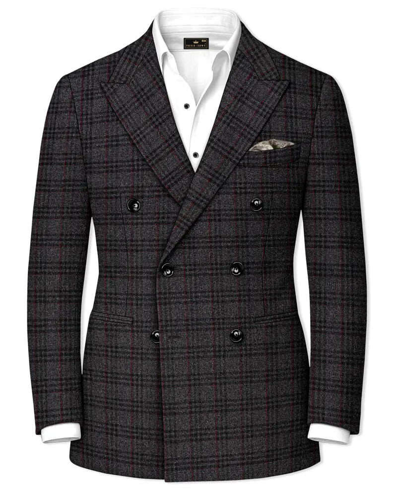 Velours-Ship Gray Plaid Tweed Double Breasted Blazers 1