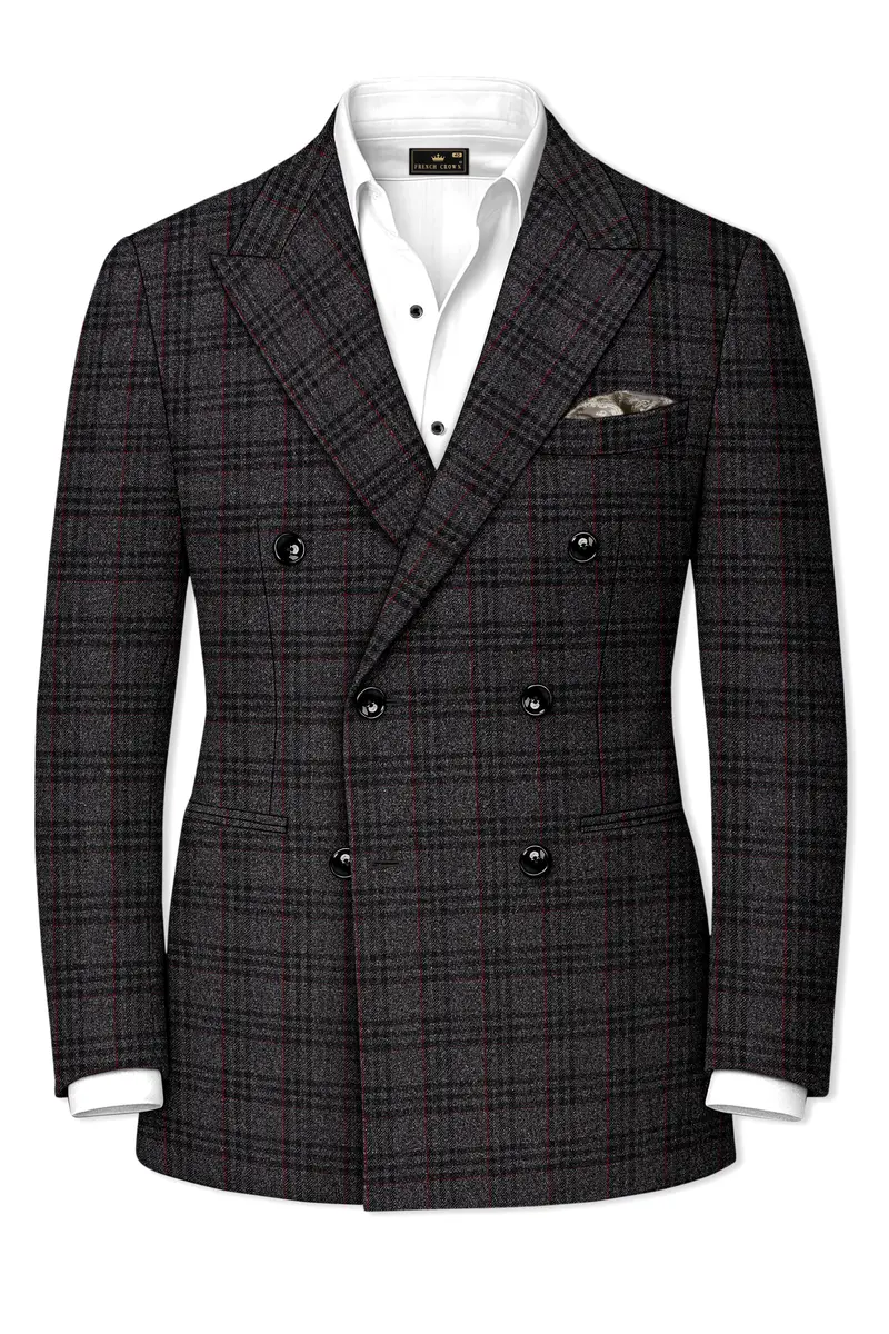 Velours-Ship Gray Plaid Tweed Double Breasted Blazers 2