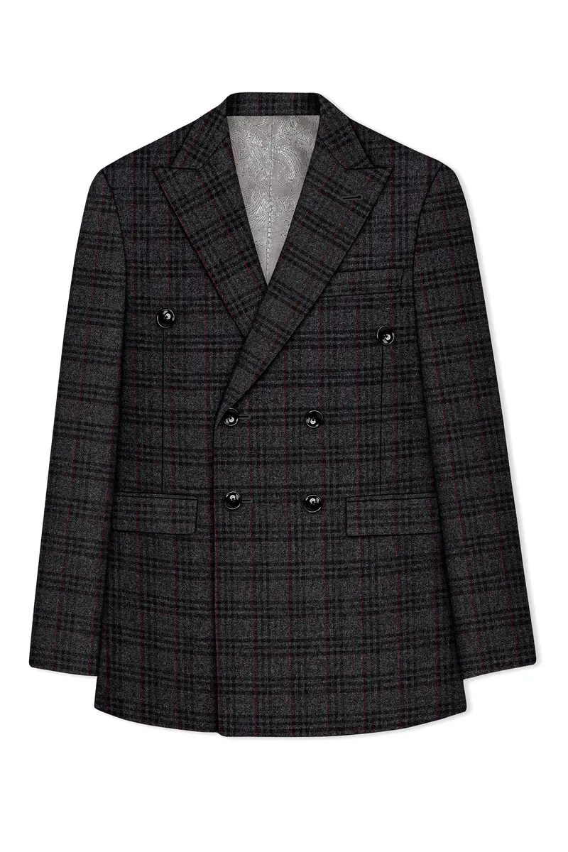 Velours-Ship Gray Plaid Tweed Double Breasted Blazers 7