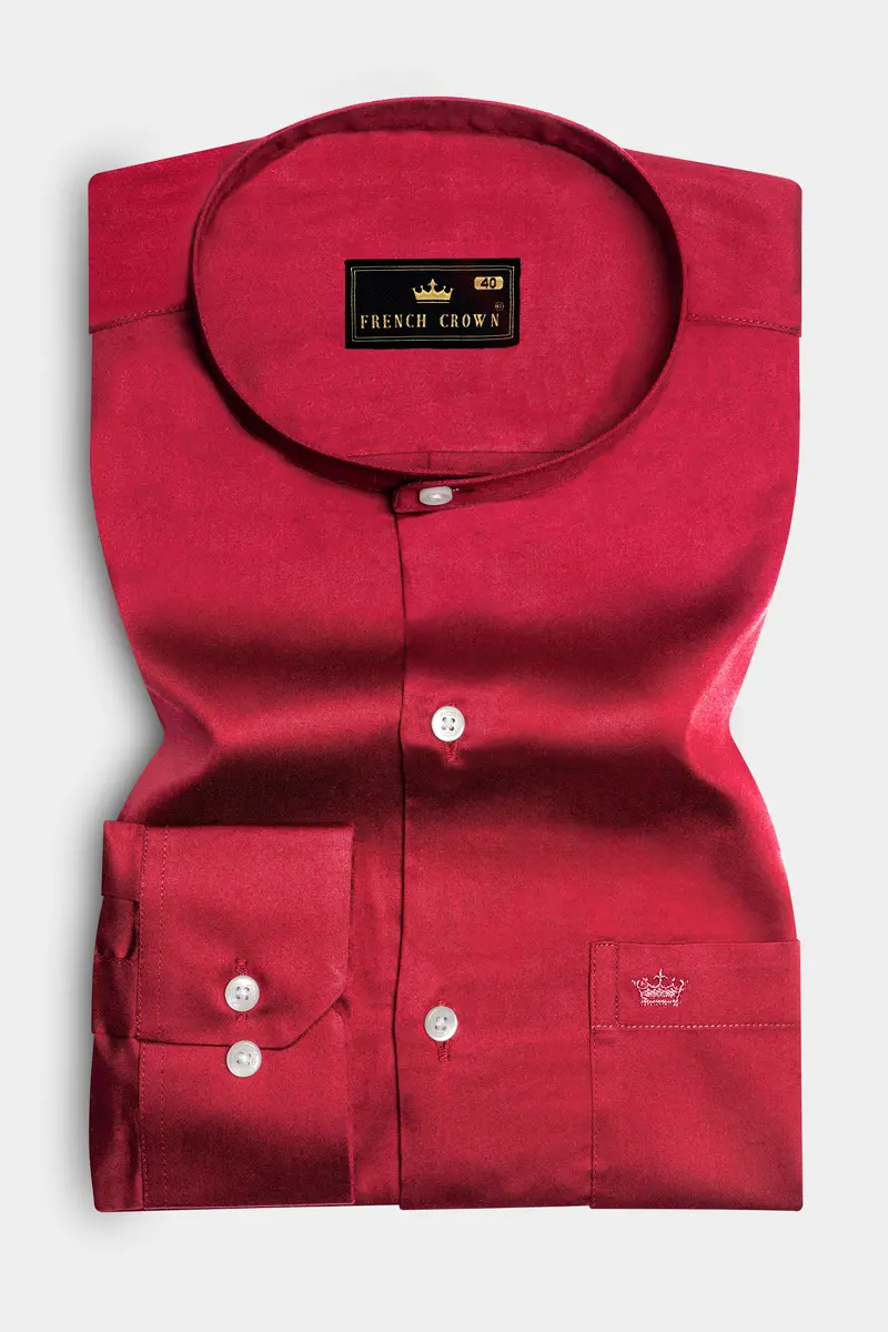 Venetian Rouge-Cardinal Red Subtle Sheen Super Soft Premium Cotton Semi Formal Mandarin Collar Shirt 4