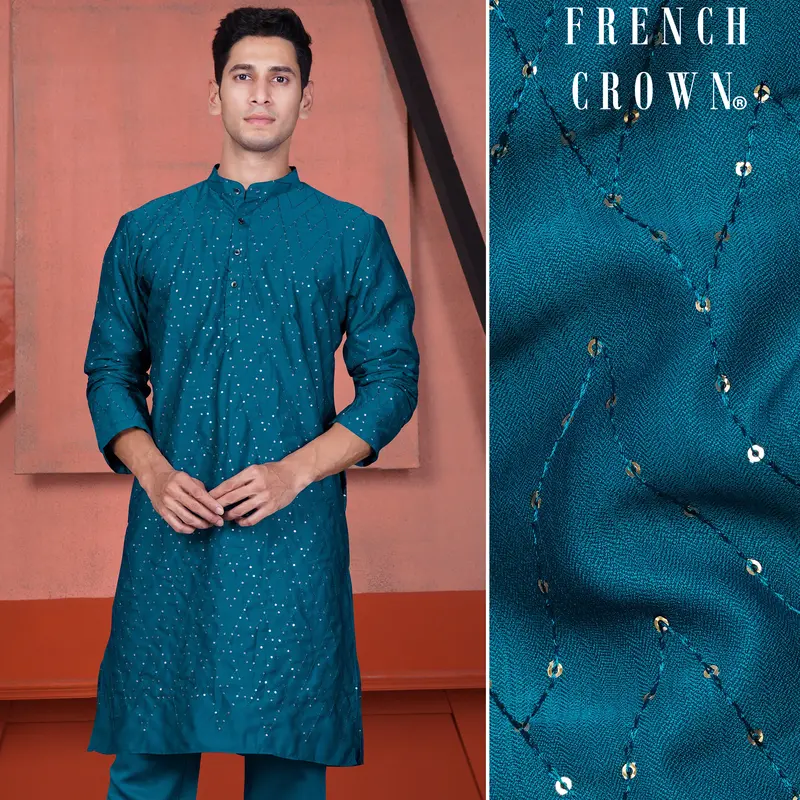 Venice Blue Embroidered Viscose Designer Tikki Work Kurta 1