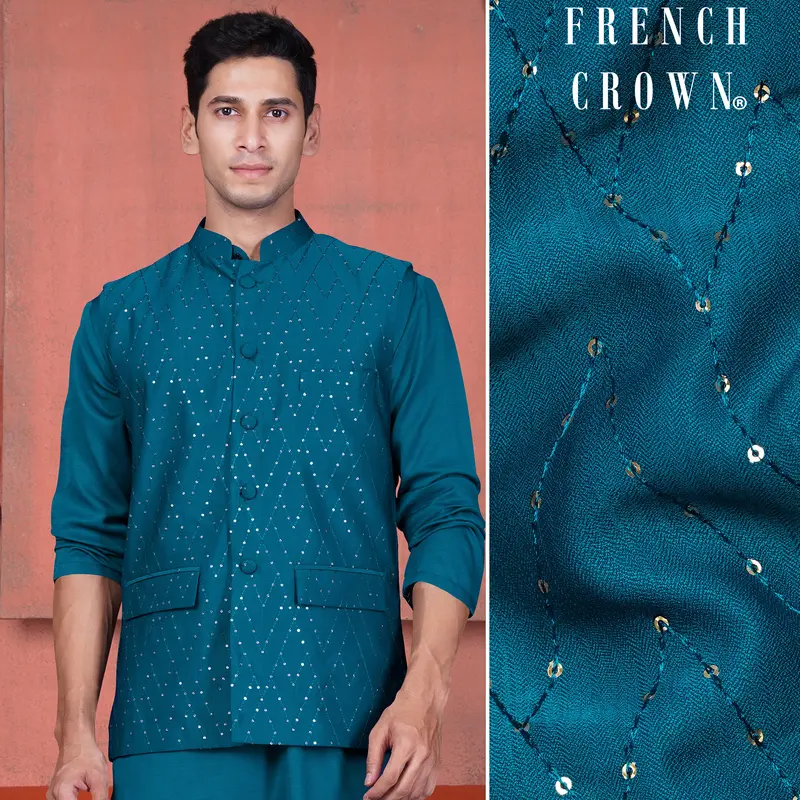 Venice Blue Tikki Work Designer Nehru Jacket 1