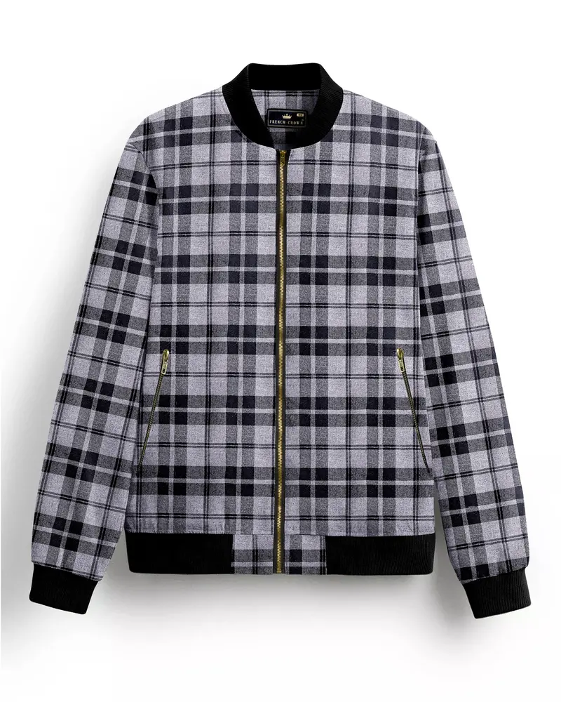 Vensu Gray With Tealish Black Checkered Flannel Bomber Jacket 1