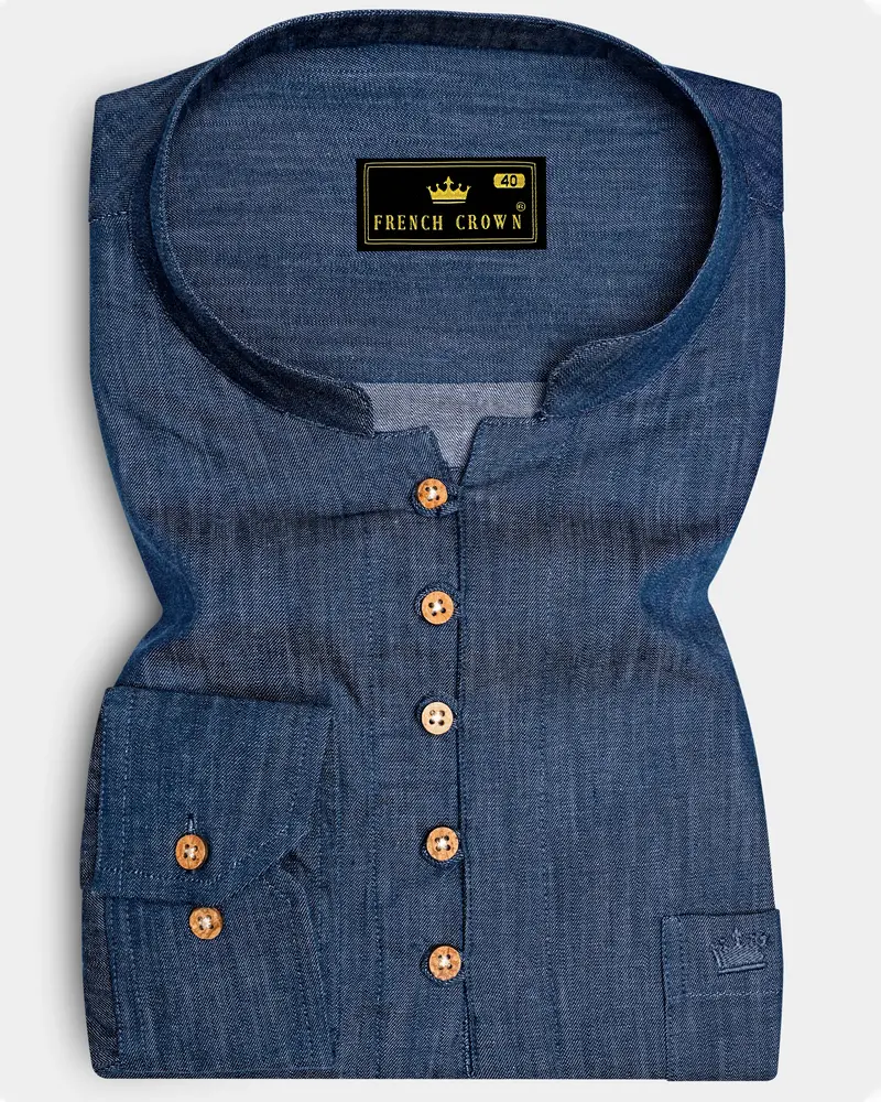 Ventoro Pickled Blue Textured Denim Super Soft Premium Cotton Casual Kurta Shirt 1