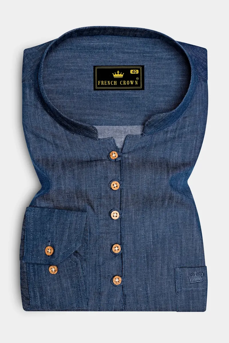 Ventoro Pickled Blue Textured Denim Super Soft Premium Cotton Casual Kurta Shirt 2