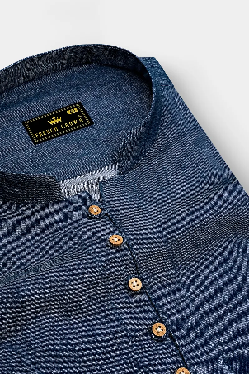 Ventoro Pickled Blue Textured Denim Super Soft Premium Cotton Casual Kurta Shirt 4
