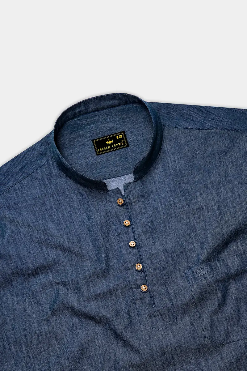 Ventoro Pickled Blue Textured Denim Super Soft Premium Cotton Casual Kurta Shirt 5