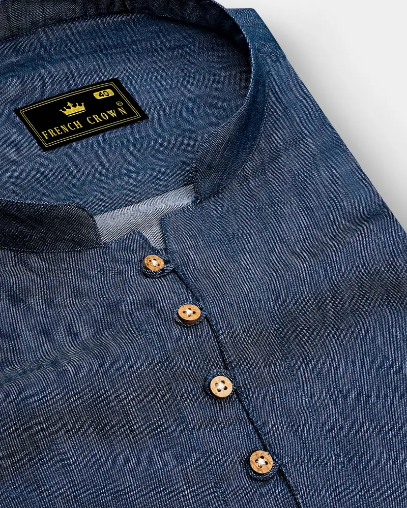 Ventoro Pickled Blue Textured Denim Super Soft Premium Cotton Casual Kurta Shirt 6