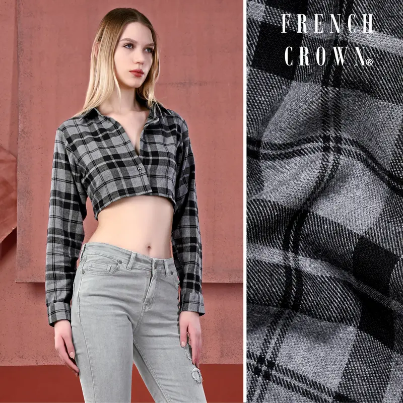 Venus Gray And Tealish Black Flannel Plaid Crop Shirt 1
