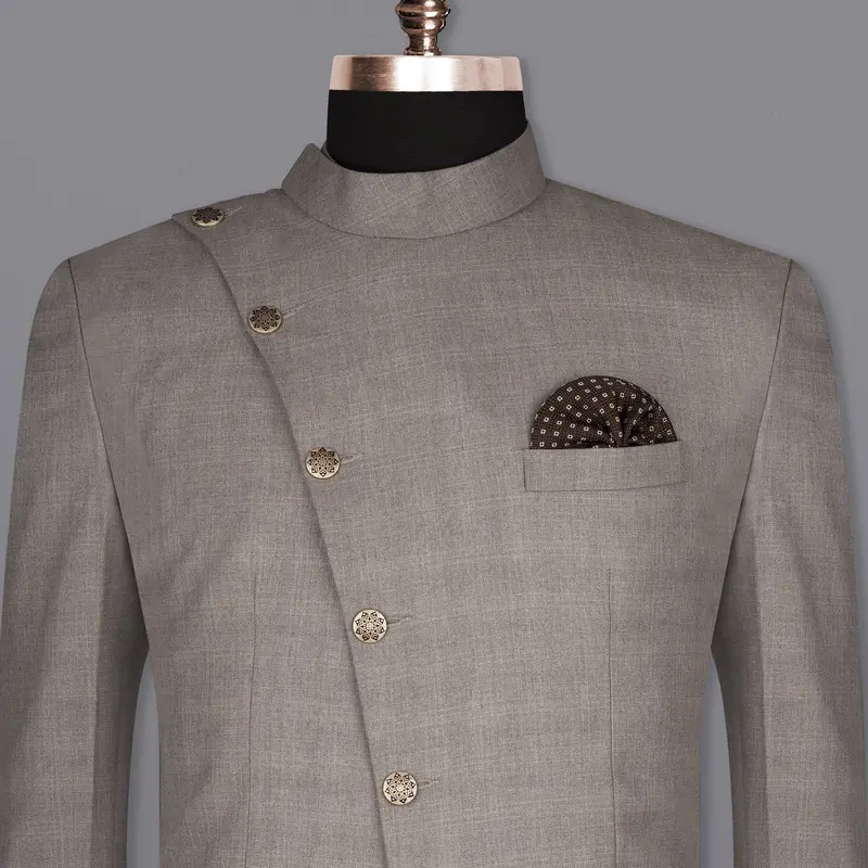 Venus Gray Subtle Plaid Cross Placket Wool Rich Bandhgala Blazer 1