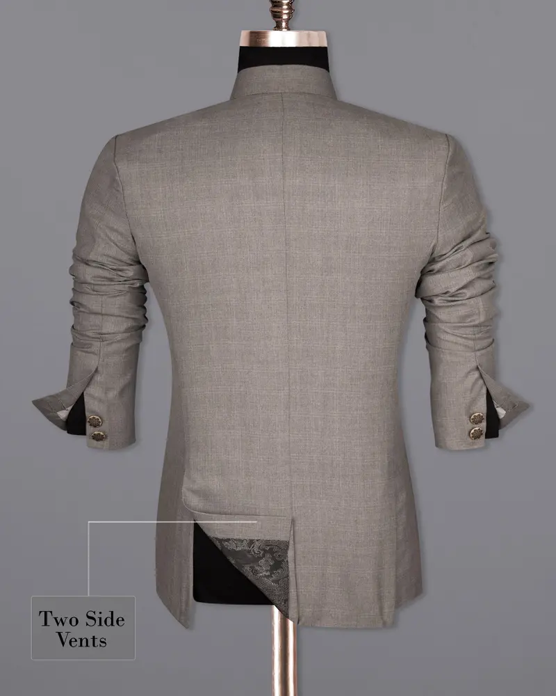 Venus Gray Subtle Plaid Cross Placket Wool Rich Bandhgala Blazer 9