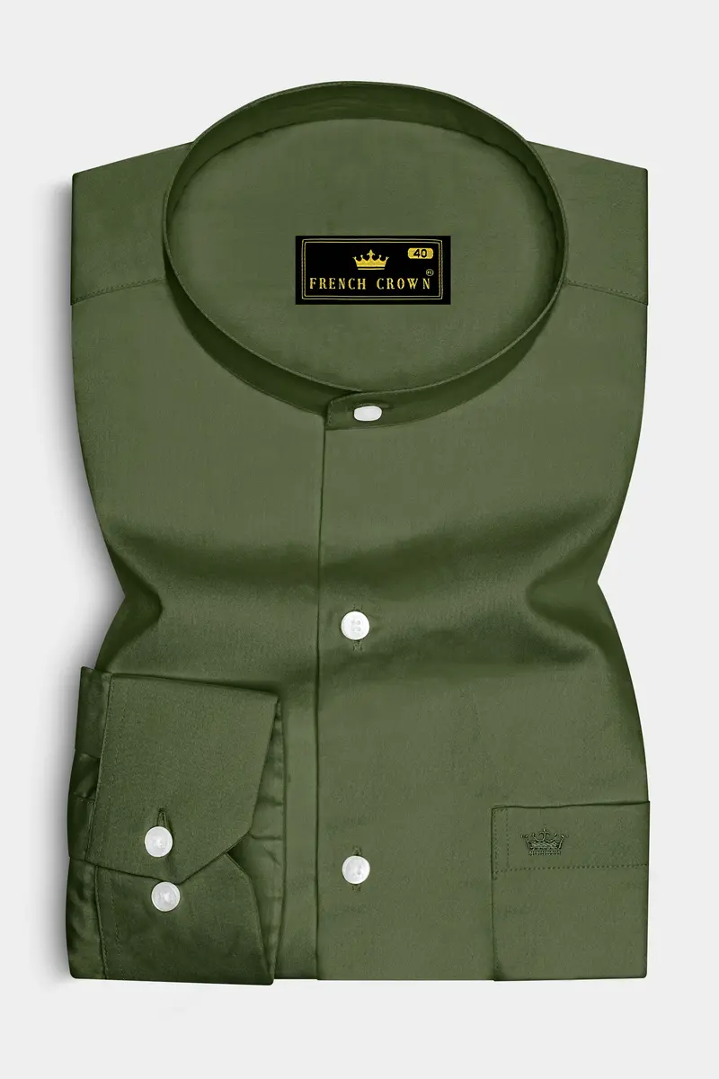 Verdant-Camo Green Subtle Sheen Super Soft Premium Cotton Mandarin Dress Shirt 4