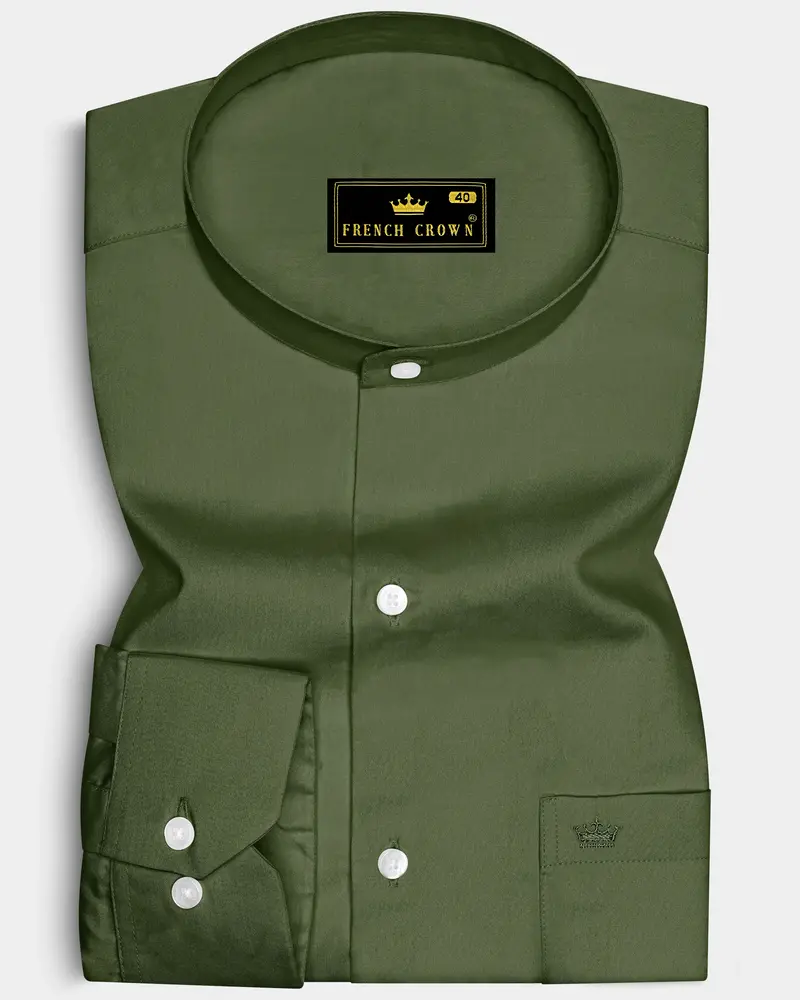Verdant-Camo Green Subtle Sheen Super Soft Premium Cotton Mandarin Dress Shirt 6