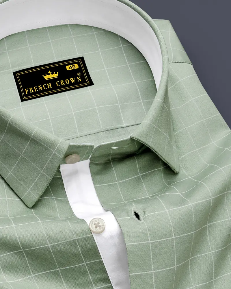 Verdant-Chalice Green And Bright White Windowpane Subtle Sheen Soft Premium Cotton Dress Shirt 1