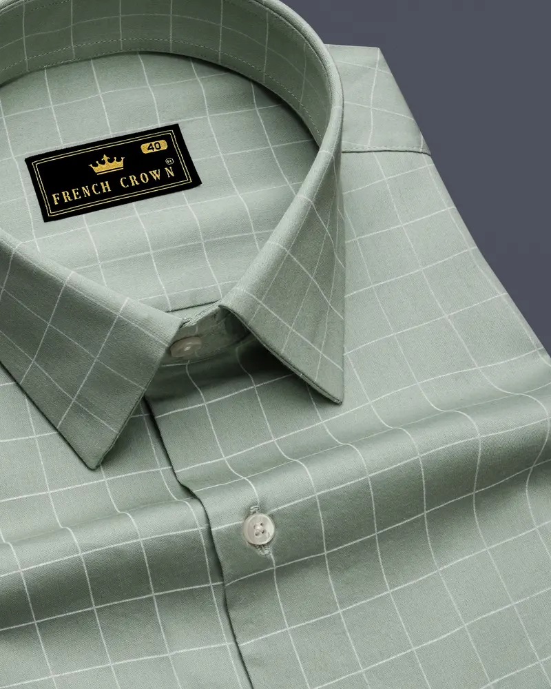 Verdant-Chalice Green And Bright White Windowpane Subtle Sheen Super Soft Premium Cotton Dress Shirt 1