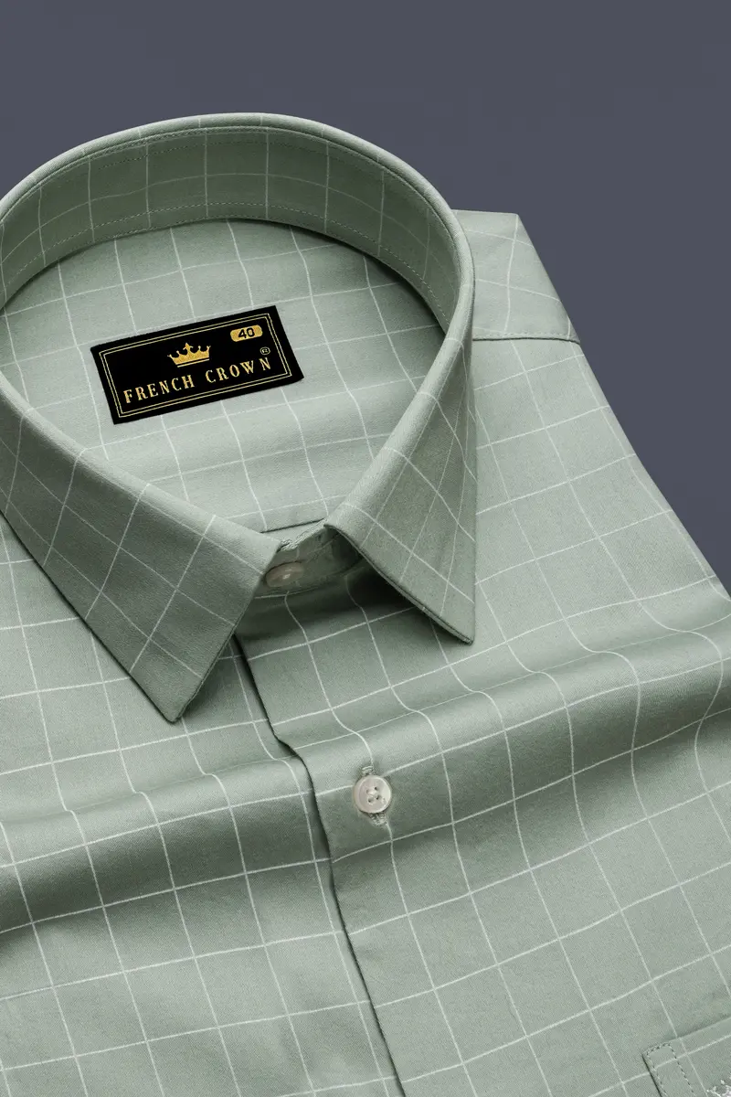 Verdant-Chalice Green And Bright White Windowpane Subtle Sheen Super Soft Premium Cotton Dress Shirt 2