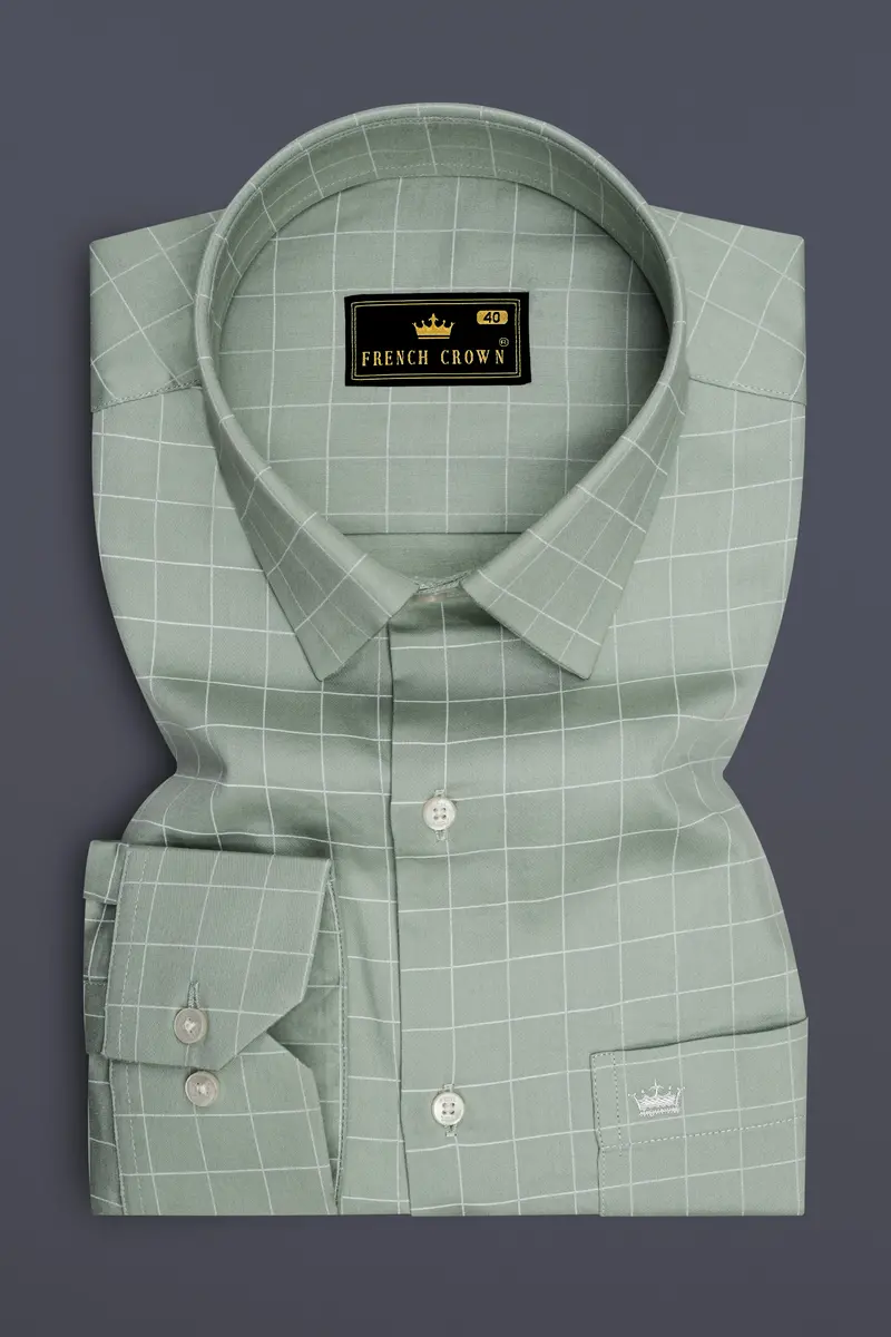 Verdant-Chalice Green And Bright White Windowpane Subtle Sheen Super Soft Premium Cotton Dress Shirt 4