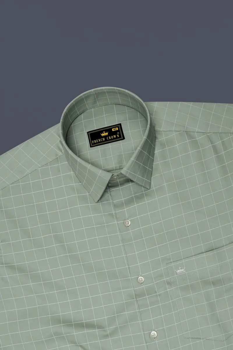 Verdant-Chalice Green And Bright White Windowpane Subtle Sheen Super Soft Premium Cotton Dress Shirt 5