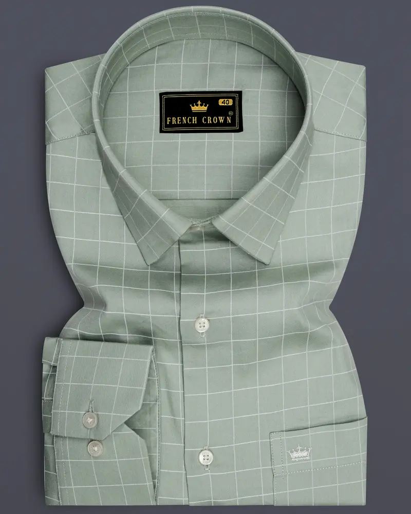 Verdant-Chalice Green And Bright White Windowpane Subtle Sheen Super Soft Premium Cotton Dress Shirt 6