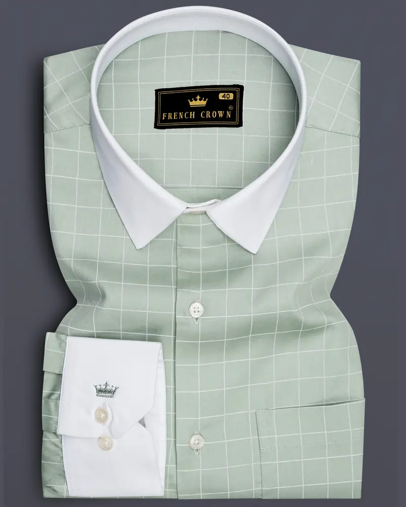 Verdant-Chalice Green And Bright White Windowpane Subtle Sheen Super Soft Premium Cotton Dress White Cuff Collar Shirt 1