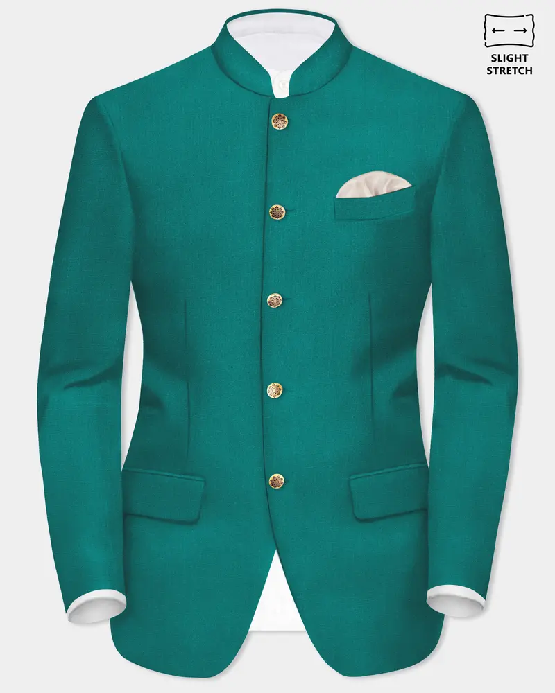 Verdant Classic-Surfie Green Solid Wool Rich Bandhgala Slight Stretch Blazer 1