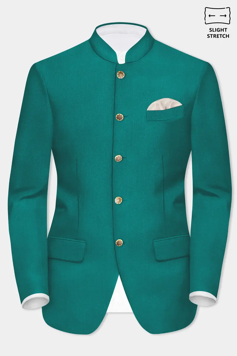 Verdant Classic-Surfie Green Solid Wool Rich Bandhgala Slight Stretch Blazer 2
