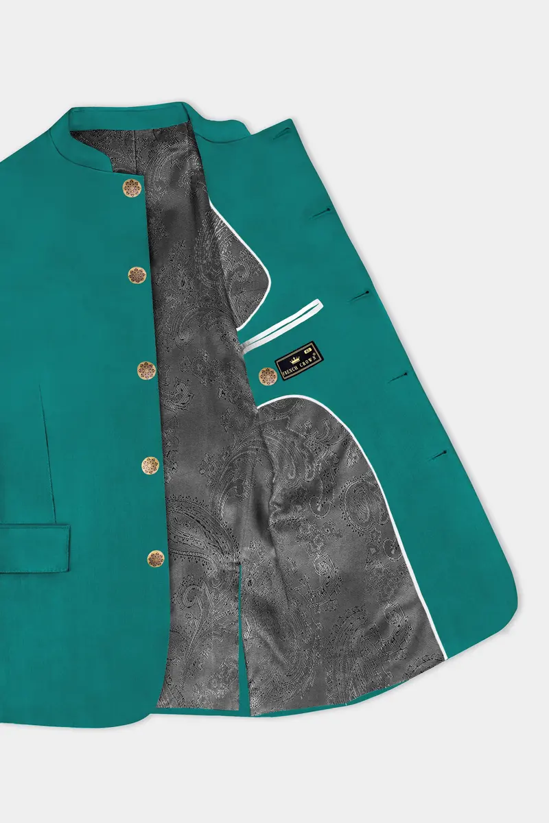 Verdant Classic-Surfie Green Solid Wool Rich Bandhgala Slight Stretch Blazer 4