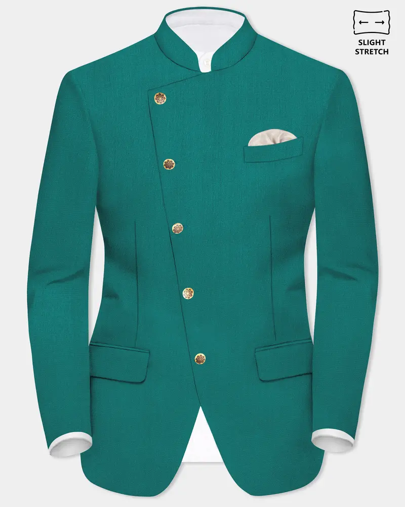 Verdant Classic-Surfie Green Solid Wool Rich Cross Placket Bandhgala Slight Stretch Blazer 1