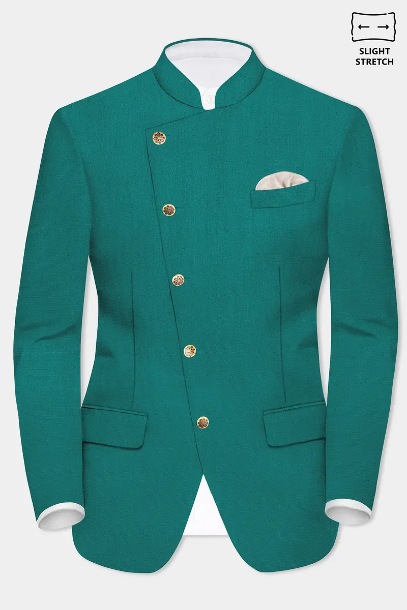 Verdant Classic-Surfie Green Solid Wool Rich Cross Placket Bandhgala Slight Stretch Blazer 2
