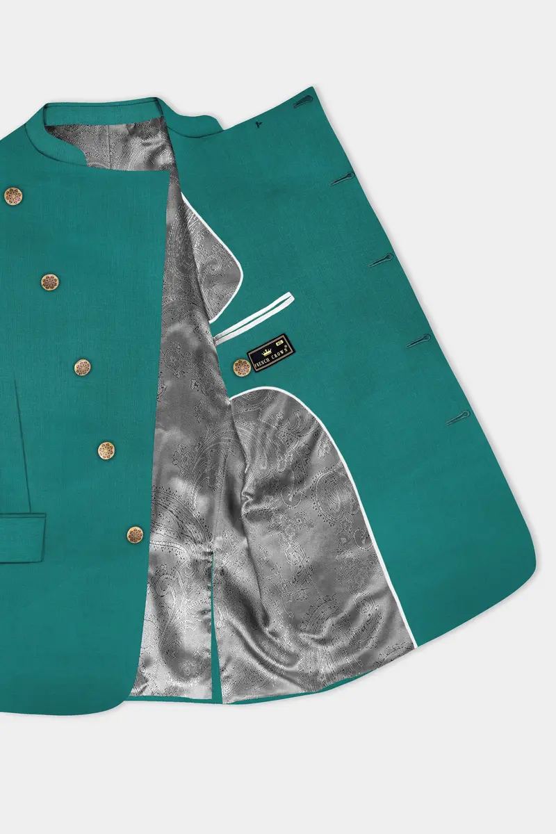 Verdant Classic-Surfie Green Solid Wool Rich Cross Placket Bandhgala Slight Stretch Blazer 4