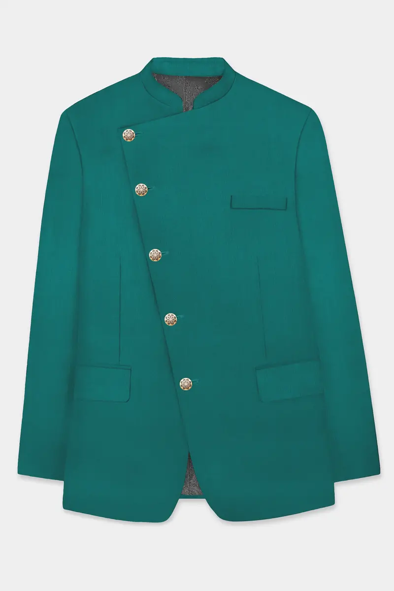 Verdant Classic-Surfie Green Solid Wool Rich Cross Placket Bandhgala Slight Stretch Blazer 6