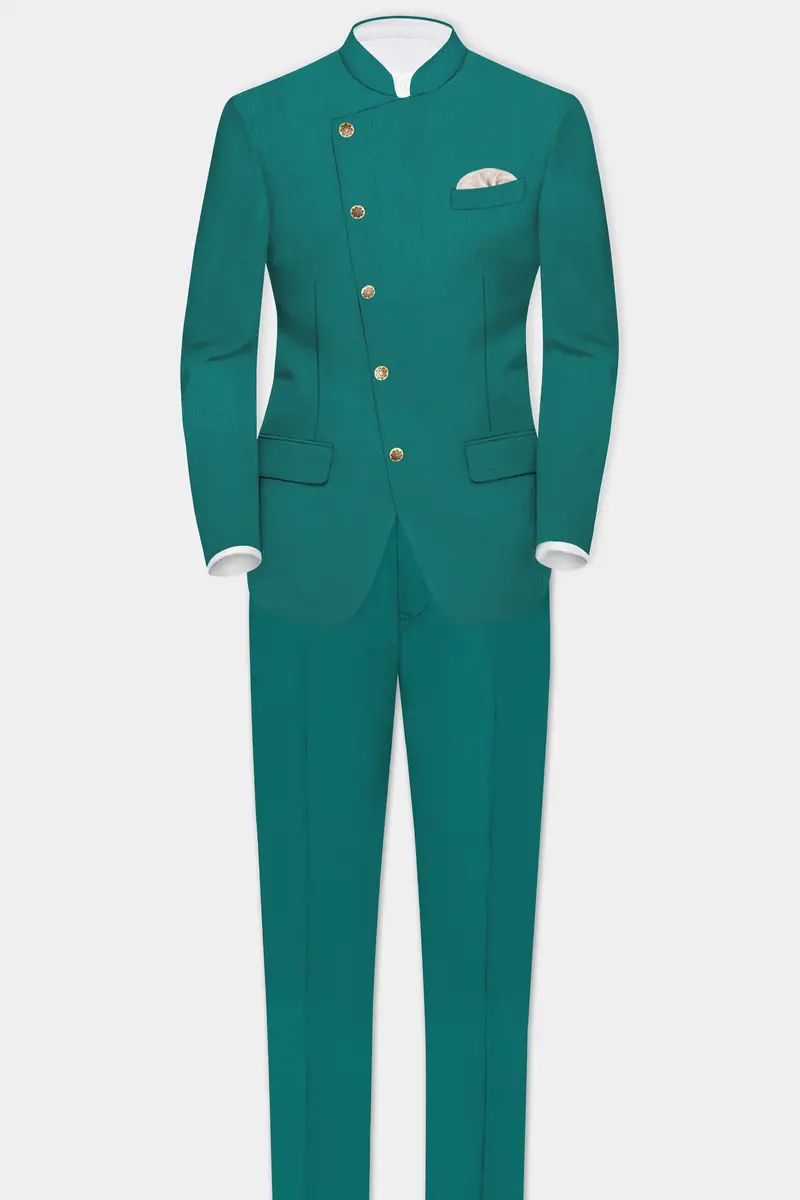 Verdant Classic-Surfie Green Solid Wool Rich Cross Placket Bandhgala Slight Stretch Blazer 8