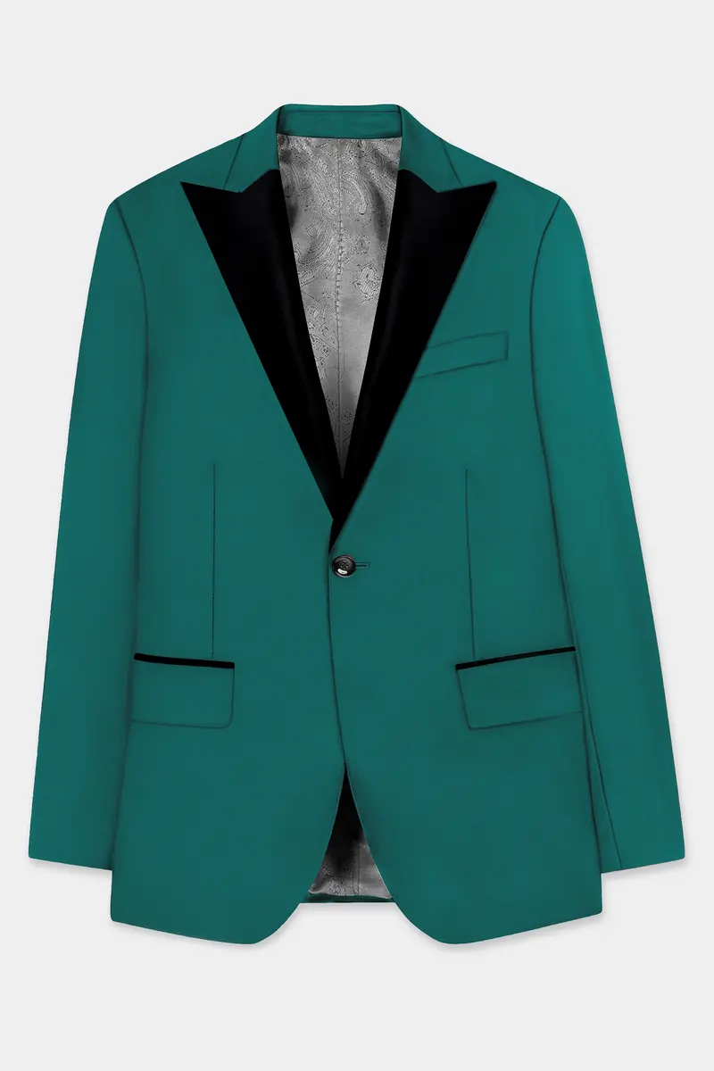 Verdant Classic-Surfie Green Solid Wool Rich Peak Lapel Tuxedo Slight Stretch Blazer 7