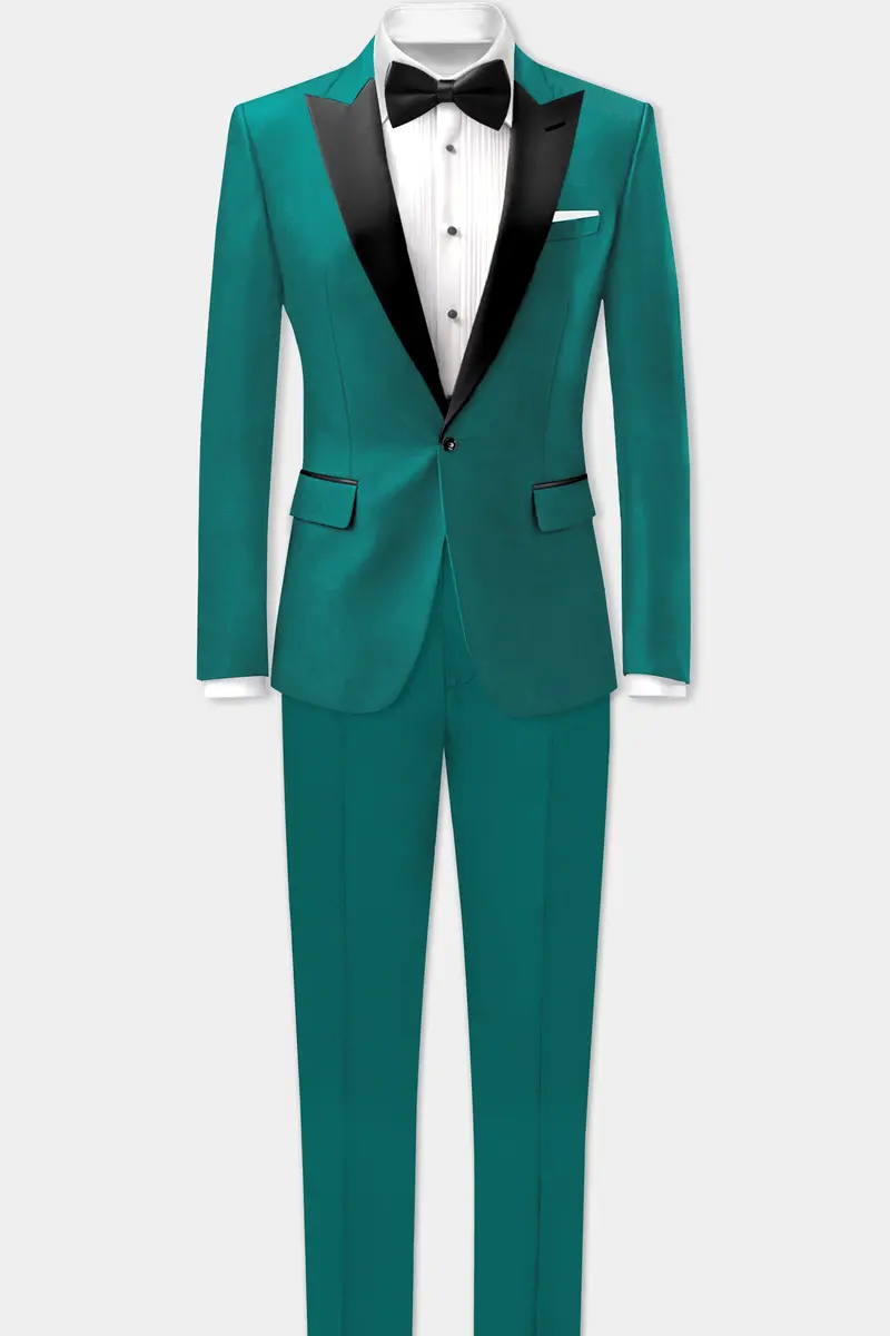 Verdant Classic-Surfie Green Solid Wool Rich Peak Lapel Tuxedo Slight Stretch Blazer 9
