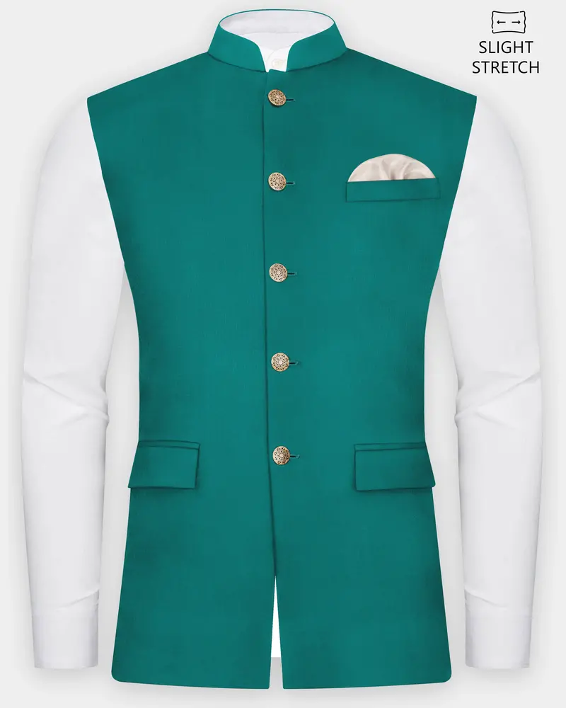 Verdant Classic-Surfie Green Solid Wool Rich Slight Stretch Nehru Jacket 1