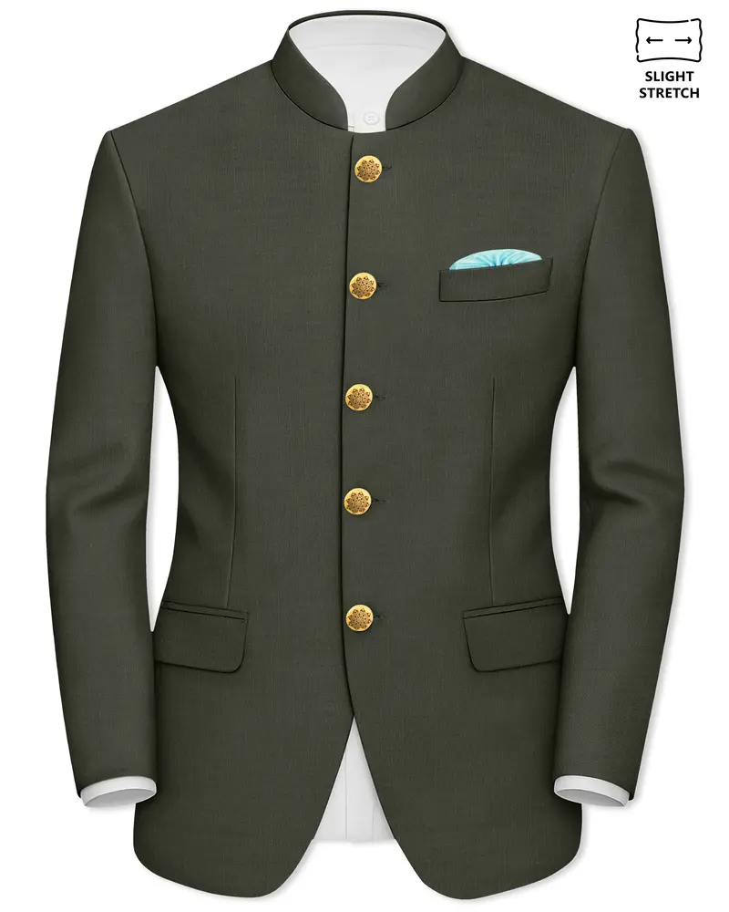Verdant Majesty-Juniper Green Solid Wool Rich Bandhgala Slight Stretch Blazer 1