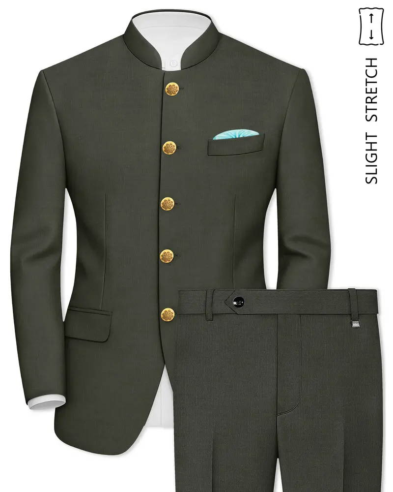 Verdant Majesty-Juniper Green Solid Wool Rich Bandhgala Slight Stretch Suit 1