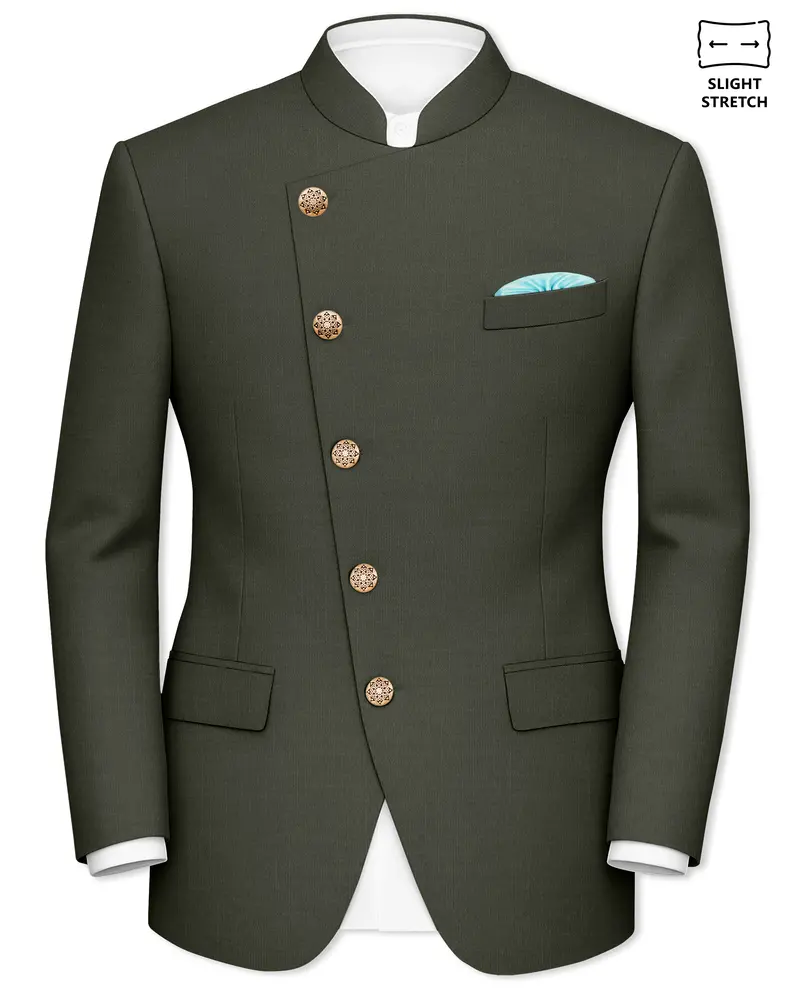 Verdant Majesty-Juniper Green Solid Wool Rich Cross Placket Bandhgala Slight Stretch Blazer 1