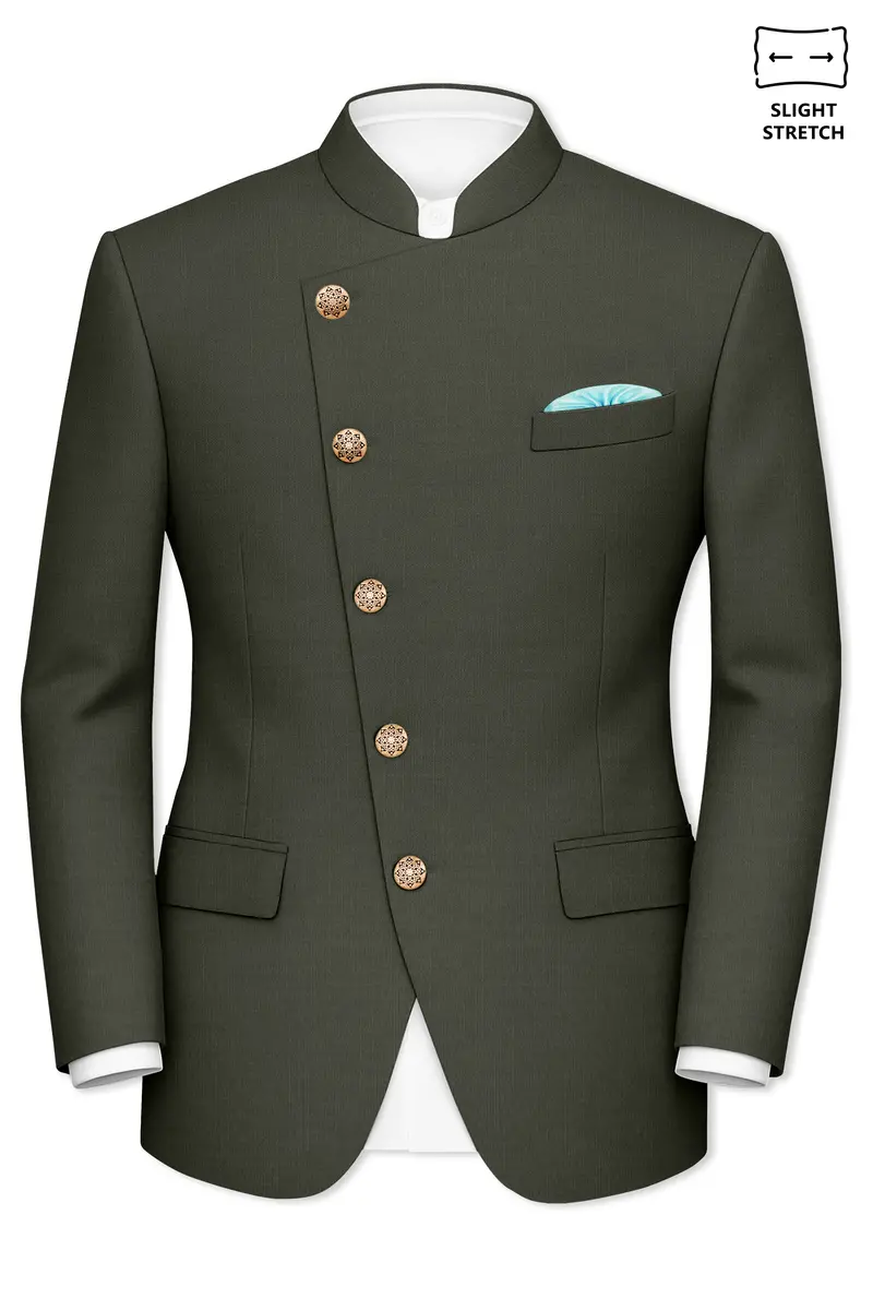 Verdant Majesty-Juniper Green Solid Wool Rich Cross Placket Bandhgala Slight Stretch Blazer 2