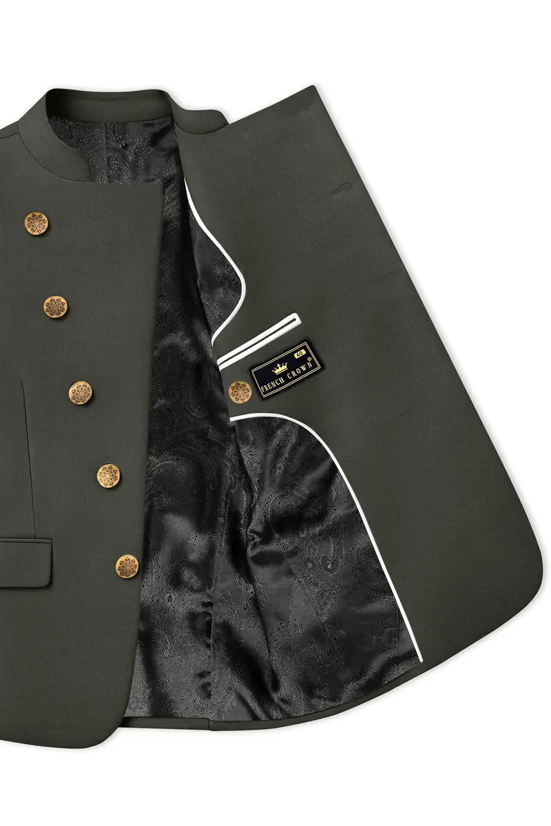 Verdant Majesty-Juniper Green Solid Wool Rich Cross Placket Bandhgala Slight Stretch Blazer 4