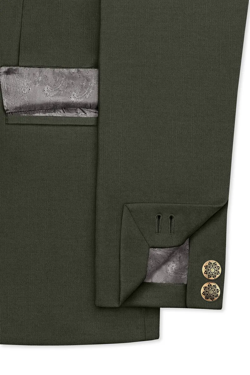 Verdant Majesty-Juniper Green Solid Wool Rich Cross Placket Bandhgala Slight Stretch Blazer 5