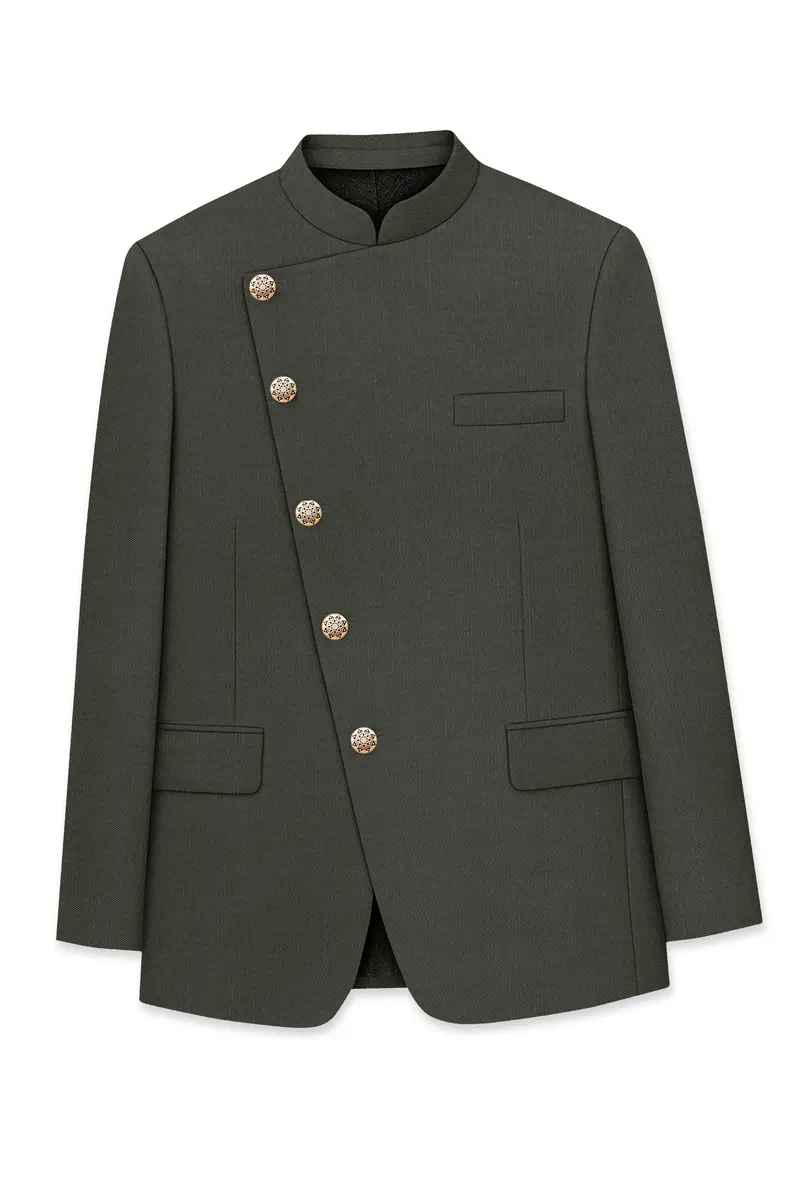 Verdant Majesty-Juniper Green Solid Wool Rich Cross Placket Bandhgala Slight Stretch Blazer 6