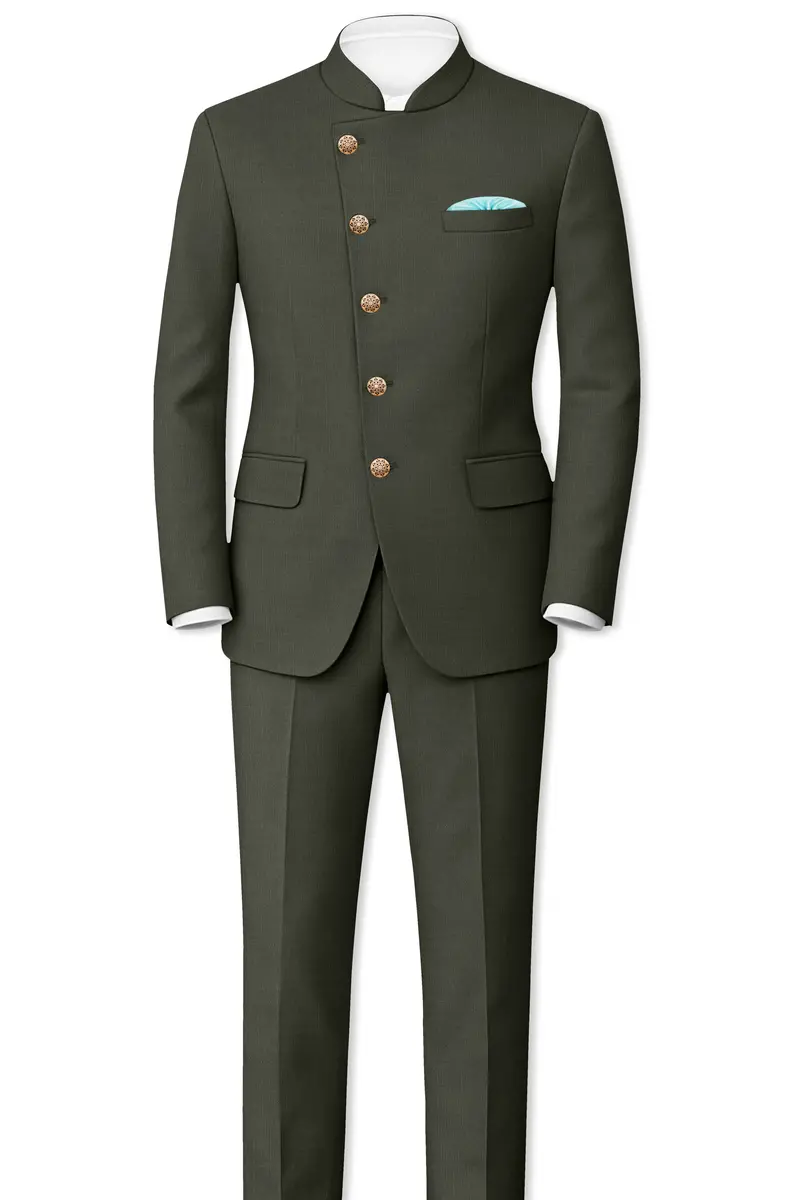 Verdant Majesty-Juniper Green Solid Wool Rich Cross Placket Bandhgala Slight Stretch Blazer 8