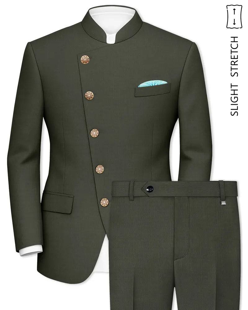 Verdant Majesty-Juniper Green Solid Wool Rich Cross Placket Bandhgala Slight Stretch Suit 1