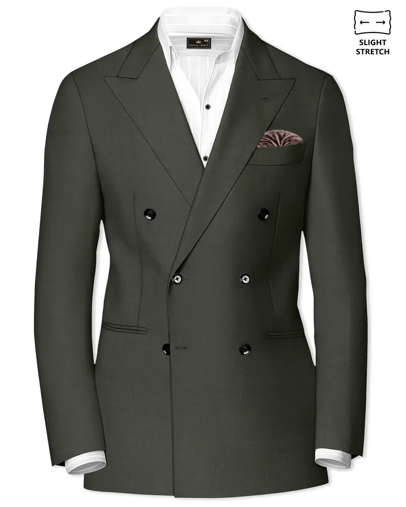 Verdant Majesty-Juniper Green Solid Wool Rich Double Breasted Slight Stretch Blazer 1