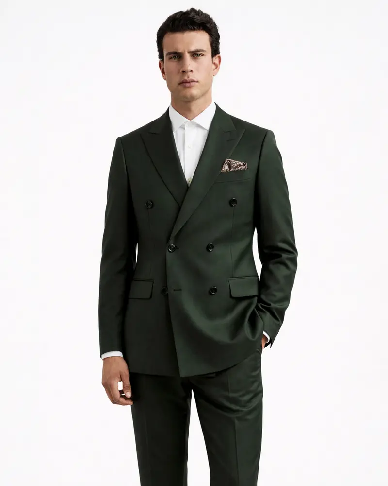 Verdant Majesty-Juniper Green Solid Wool Rich Double Breasted Slight Stretch Suit 1
