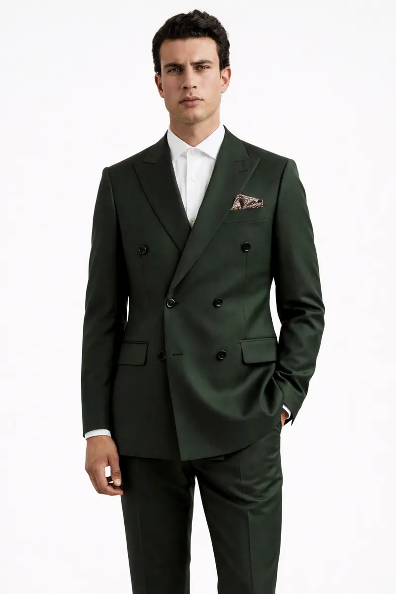 Verdant Majesty-Juniper Green Solid Wool Rich Double Breasted Slight Stretch Suit 2
