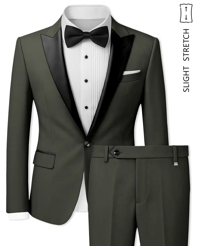 Verdant Majesty-Juniper Green Solid Wool Rich Peak Lapel Tuxedo Slight Stretch Suit 1