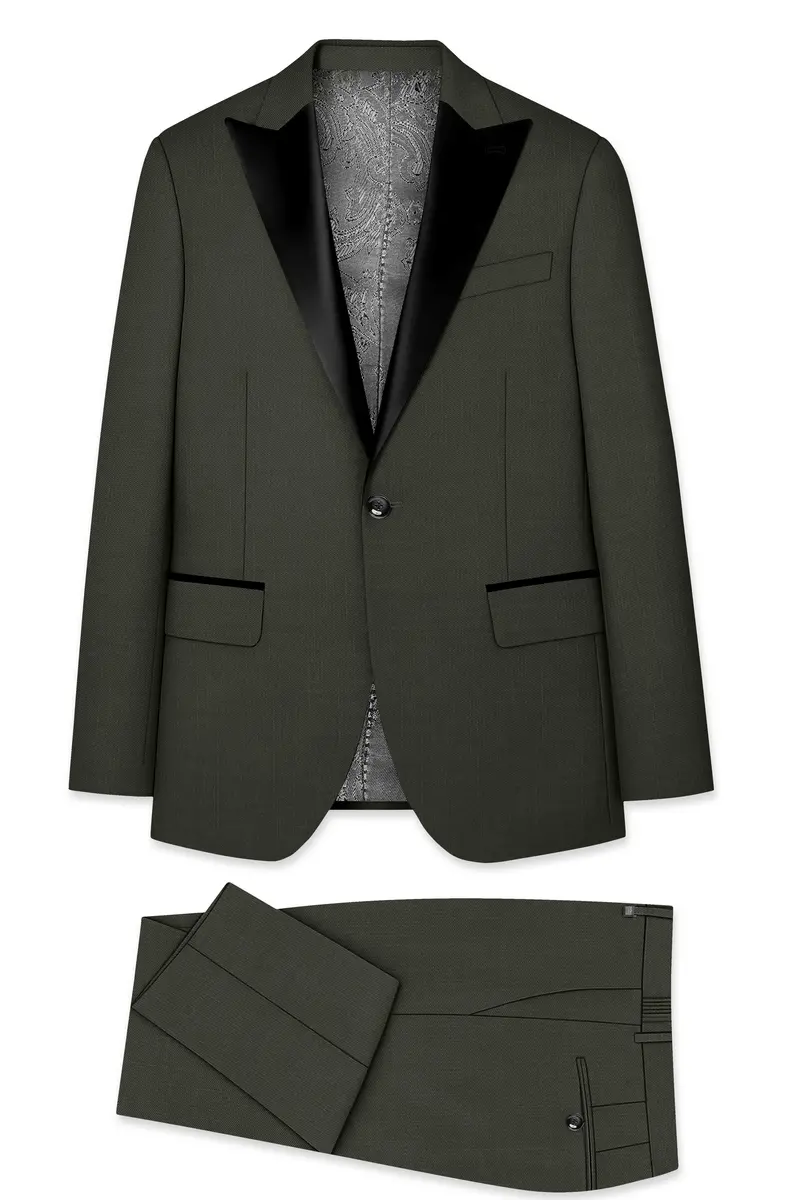 Verdant Majesty-Juniper Green Solid Wool Rich Peak Lapel Tuxedo Slight Stretch Suit 11